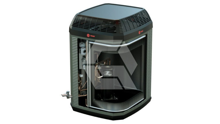 A black Trane air conditioning unit with a partially open side, revealing internal components such as copper pipes and coils against a plain white background.