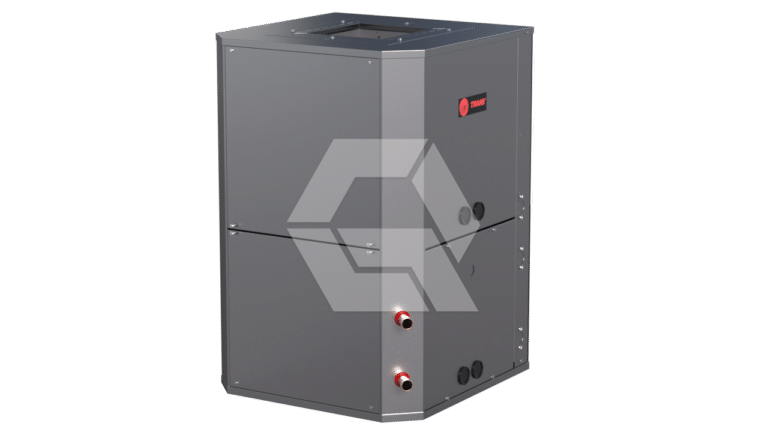A gray, metal HVAC unit with a black top panel, angled sides, and visible pipes and connectors on the front lower section. The unit has a red brand logo on the upper right side.