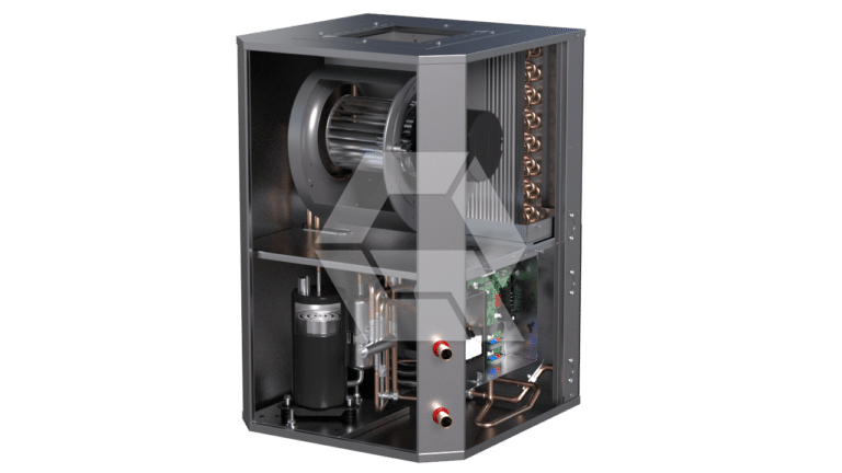 A digital rendering of an HVAC unit with the outer casing partially removed, revealing internal components such as a fan, coils, compressor, pipes, and wiring. The unit is gray and displayed against a plain background.