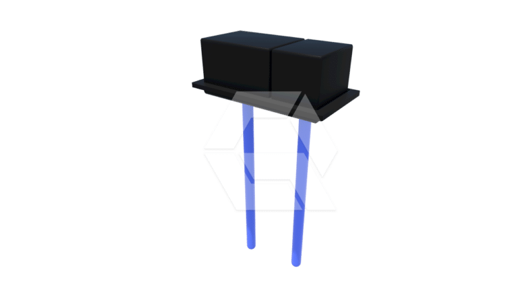 A black, rectangular electronic component with two long, blue metal legs extending downward, isolated on a white background.