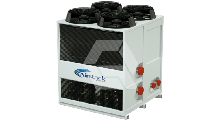 A large white industrial air cooling unit with four black fans on top, ventilation grills, red pipe connections, and a blue "Airstack" logo on the side, set against a plain background.