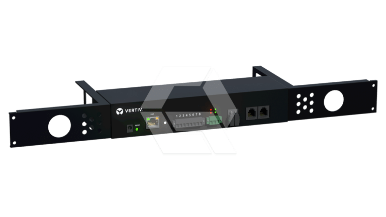 A black Vertiv network rack device with indicator lights, ports, and a numbered panel on the front, mounted on a rack bracket, shown against a white background.