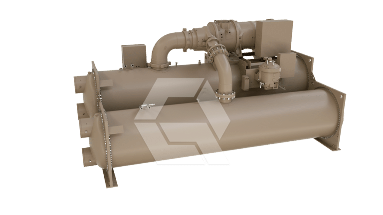 Large, horizontal, cylindrical industrial machine with multiple pipes and mechanical components attached, all in a beige color, set against a plain white background.
