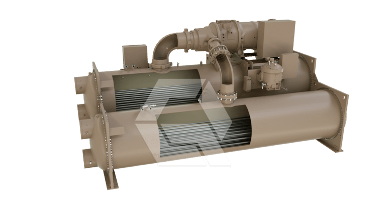 A large industrial chiller component with cylindrical pipes, metal fins, and connecting valves, shown on a plain white background. The machinery appears to be made of brown metal.