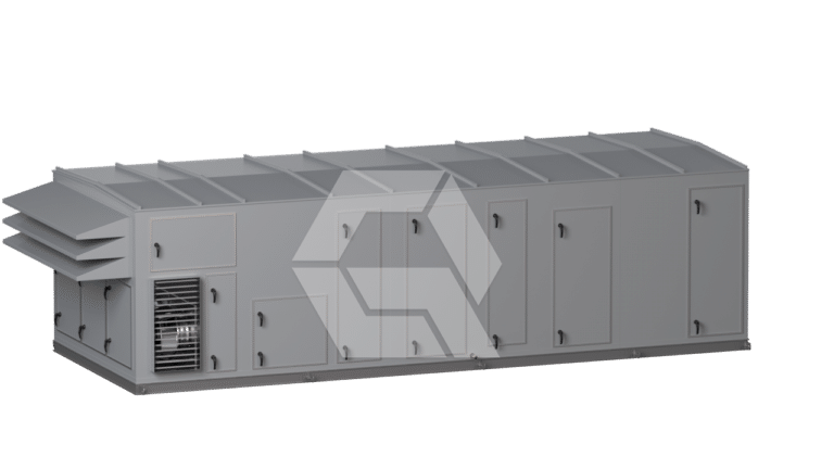 A large, rectangular industrial HVAC unit with multiple access doors, ventilation grilles, and angled louvered vents, displayed against a plain white background.