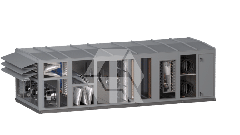 A large industrial HVAC air handling unit with multiple compartments showing fans, filters, coils, and vents, all housed in a gray metal casing.