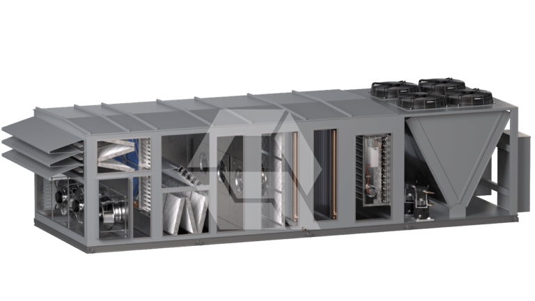 A large industrial HVAC air handling unit with exposed internal components, including fans, filters, coils, and ducts, shown in a cutaway view on a plain white background.