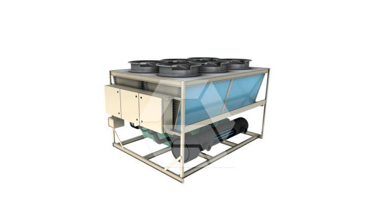 A large industrial chiller unit with multiple black fans on top, blue cooling fins, and a beige metal frame, isolated on a white background.