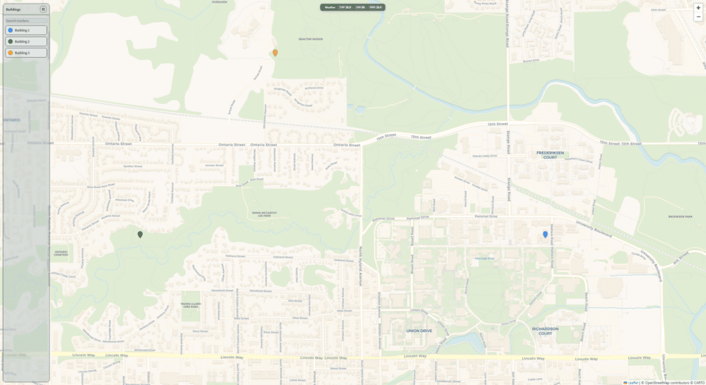 A map showing part of a suburban area with parks, neighborhoods, and roads. Three colored markers—orange, green, and blue—indicate specific locations on the map. A sidebar on the left lists marker categories.