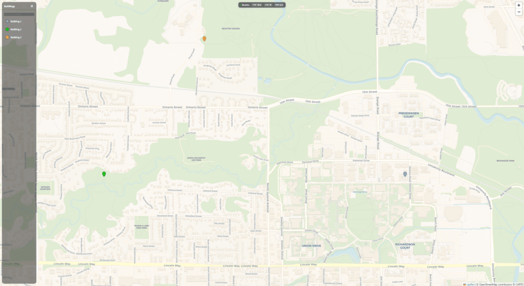 A digital map shows a suburban area with parks, roads, and buildings. Three color-coded markers (green, blue, orange) are placed at different locations. A settings menu with marker toggles is visible on the left side.