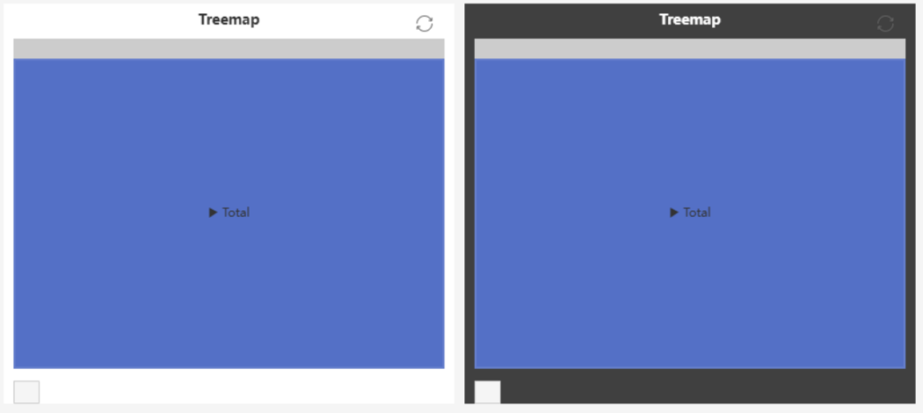 Side-by-side comparison of two treemaps labeled "Treemap." The left treemap has a white background, while the right treemap has a dark gray background. Both show a large blue area labeled "Total.