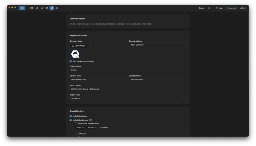 A dark-themed web app interface displays a "Generate Report" form showing fields for company logo, name, project name, contacts, and report sections with options for including statistics and quiz data.