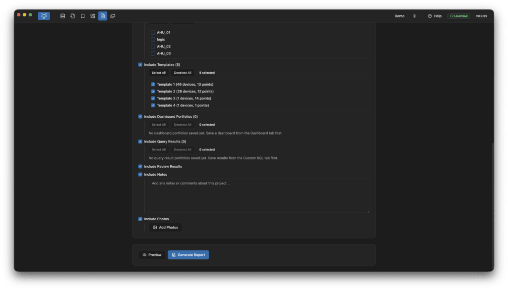 A computer screen displays a dark-themed interface for generating a report, showing options for templates, data sources, query results, notes, and photos, with selectable checkboxes and a "Generate Report" button at the bottom.