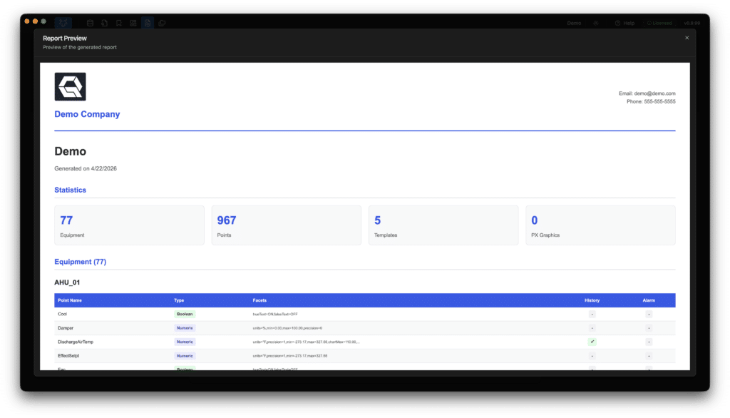 A computer screen displays a company report preview with statistics, including points, templates, and equipment data. The interface has a sidebar, company logo, and contact information in the top right corner.