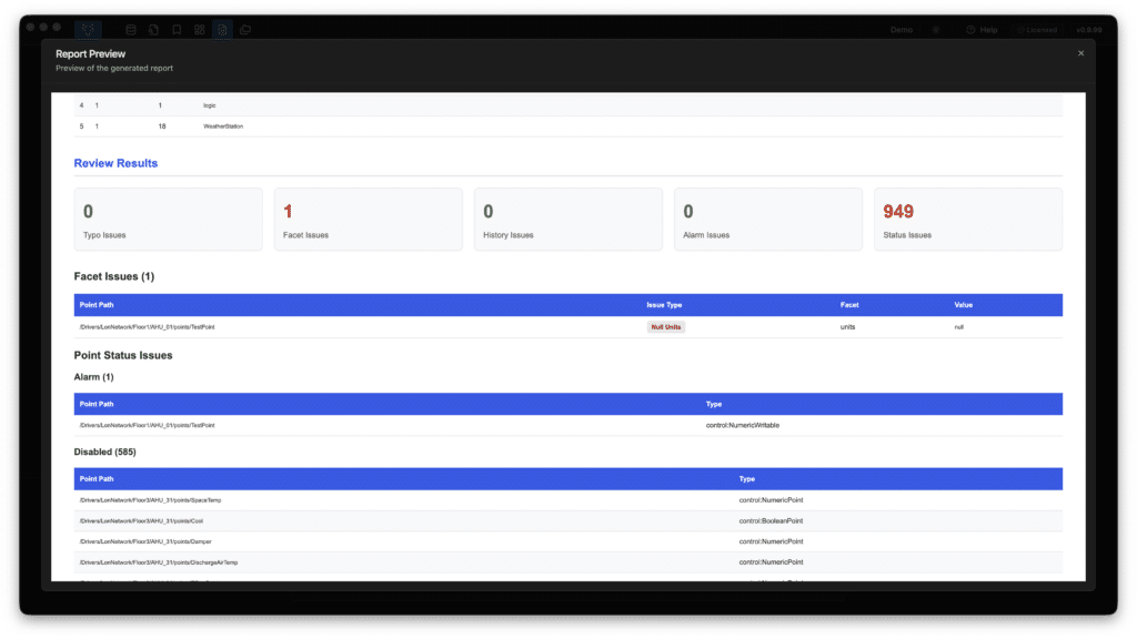 A report preview screen displays review results, showing 1 facet issue, 0 history and alarm issues, and 949 status issues. Sections list details of each issue with headings and tables on a white background.