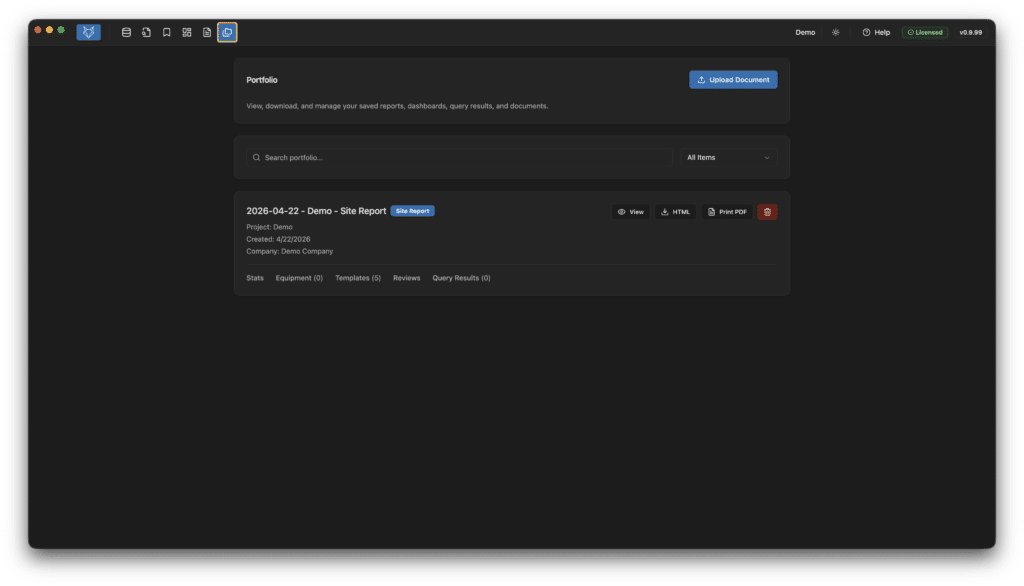 A dark-themed web dashboard displays a portfolio section with buttons for uploading documents, searching, and filtering items. One site report entry is listed with details, status, and action icons.