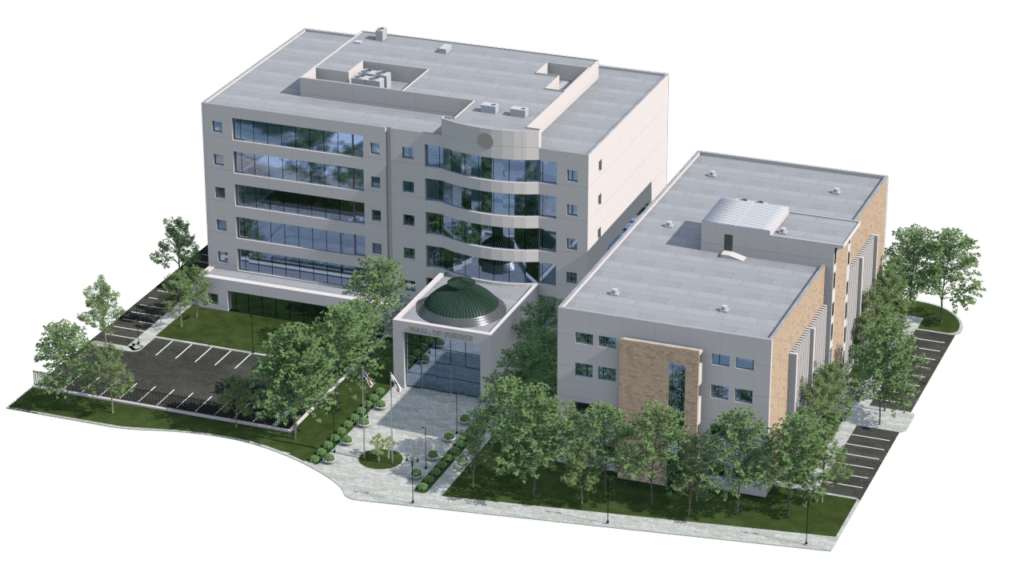 A 3D exterior rendering of a modern, multi-story office building complex with two connected structures, surrounded by trees, parking lots, and landscaped pathways.