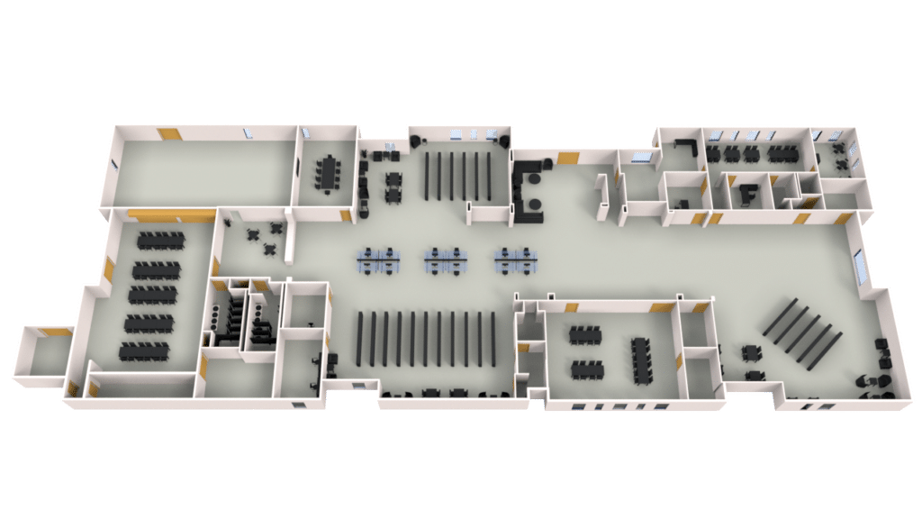 3D Floor Plan of an office building featuring multiple rooms, open workspaces, conference rooms, private offices, meeting tables, and clustered desks thoughtfully arranged throughout the layout.