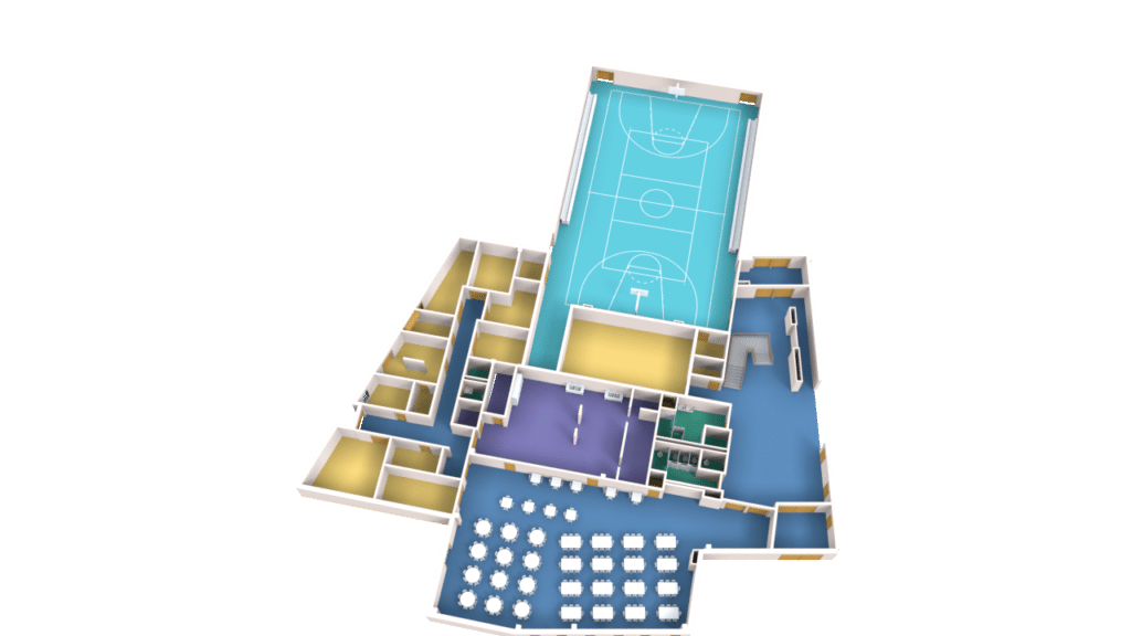 This 3D Floor Plan highlights a building layout with several rooms, a spacious gym or basketball court at the top, classrooms, offices, restrooms, and a central area filled with round tables and chairs—ideal for a cafeteria or meeting space.