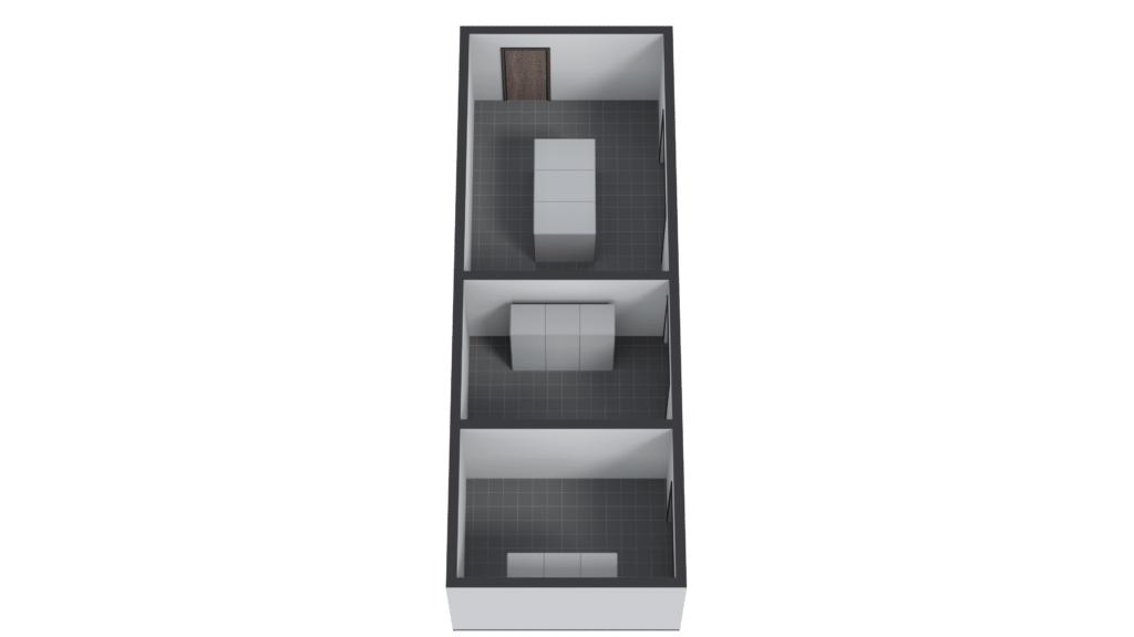 Top-down view of a narrow, rectangular, three-room layout with gray tiled floors and white walls, styled like data center graphics. Minimal gray blocky furniture is in each room, and a brown door is visible at the far end of the space.