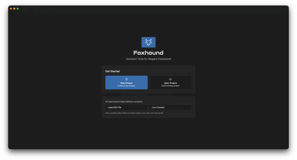 Screenshot of the Foxhound tool's welcome screen with options to create a new project, open an existing project, load a local file, or live connect, all on a dark background.