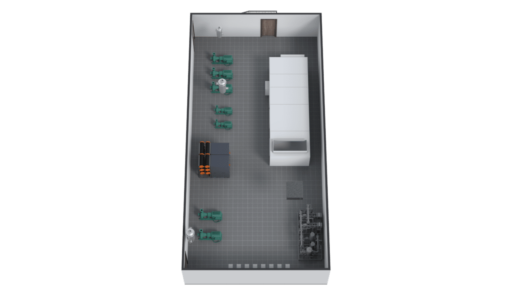 A top-down view of a rectangular room featuring green machinery, a large white vehicle, and black equipment with orange details evokes the look of data center graphics on a gray tiled floor.