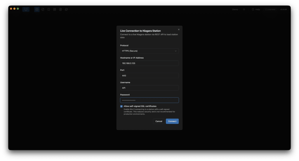 A dark screen displays a modal window titled "Live Connection to Niagara Station" with fields for protocol, hostname or IP address, port, username, password, a certificate checkbox, and Cancel and Connect buttons.