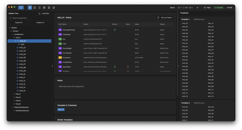 A dark-themed dashboard displays a list of device points with names, icons, and statuses. Side panels show a station tree on the left and a scrollable list of templates on the right.