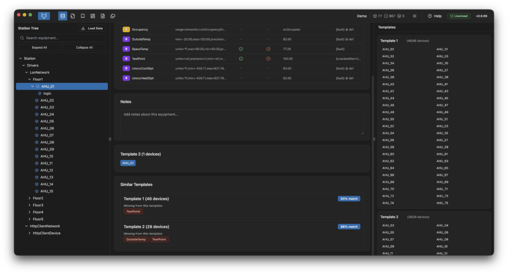 A dark-themed dashboard interface displays device statuses, templates, and notes. The left sidebar lists stations and templates; the main area shows device details and statuses; the right panel lists templates by version.
