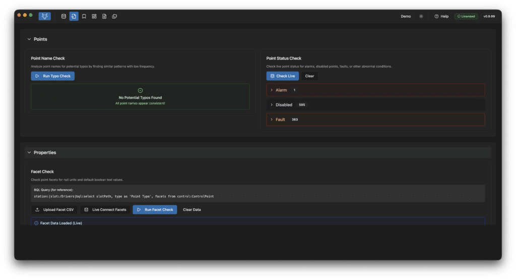 Screenshot of a dark-themed dashboard showing sections for "Points", "Properties", and "FaceU Check", with status indicators, checklists, and action buttons like "Run Point Check" and "Run FaceU Check". No errors are reported.