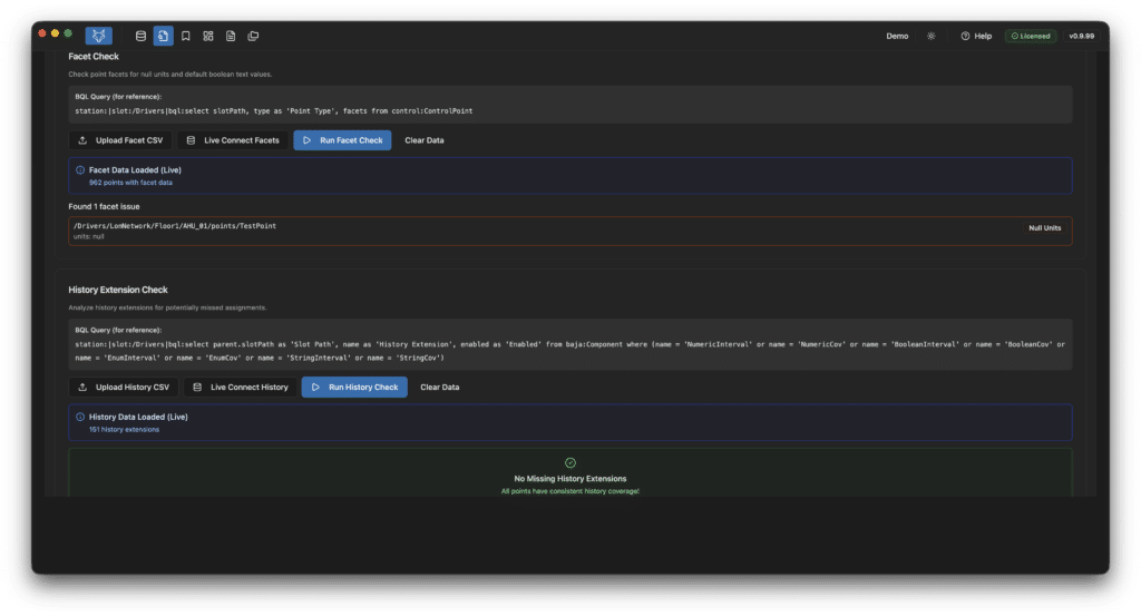 A dark-themed interface displays sections labeled "Facet Check" and "History Extension Check," with buttons for uploading files, running checks, and a message indicating no history extensions loaded.