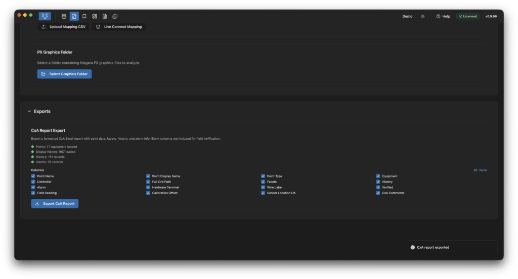 Screenshot of a data export interface. The top section allows for graphics folder selection. The lower section lists export options, filters, and columns to include, such as people, exports, and equipment, with blue checkboxes for selection.