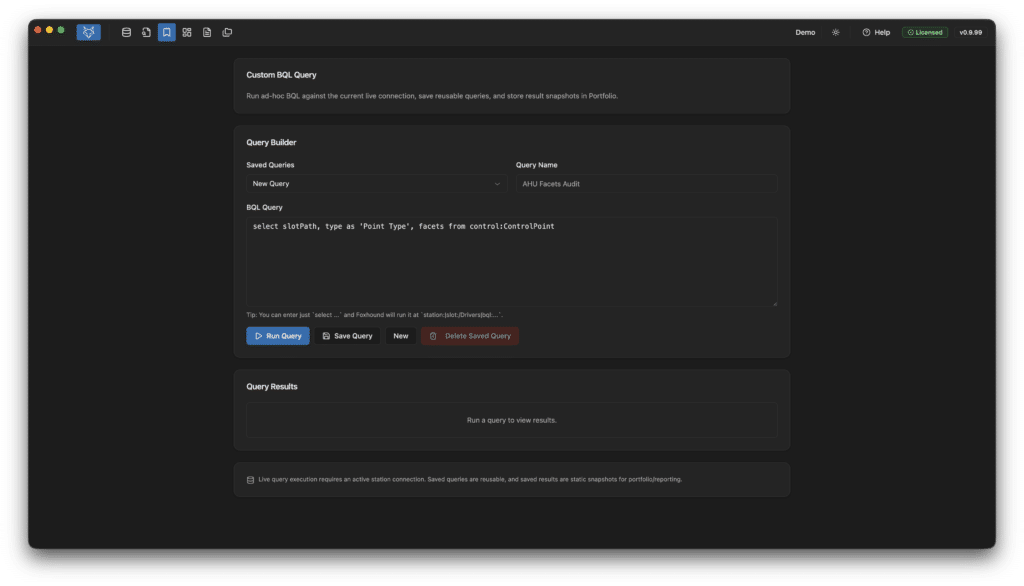 A dark-themed interface displays a custom SQL query builder. The query reads: “select id, shifts, type as ‘Point Type’, facets from control.AttendancePoint.” Buttons for running, saving, and deleting queries are visible below.