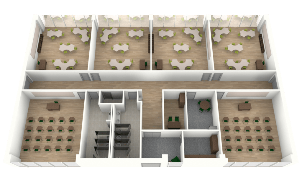 This 3D Floor Plan displays six rooms with tables and chairs, separated by walls and connected by central hallways. The upper rooms feature round tables, while the lower right room is arranged with rows of desks and chairs.