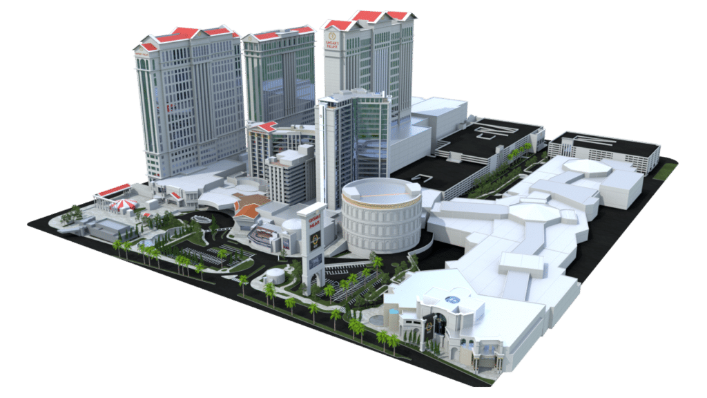 3D rendering of a large hotel and casino complex with multiple high-rise buildings, curved structures, landscaped areas, parking lots, and detailed site maps on a city block. The buildings feature red roofs and modern architectural design.