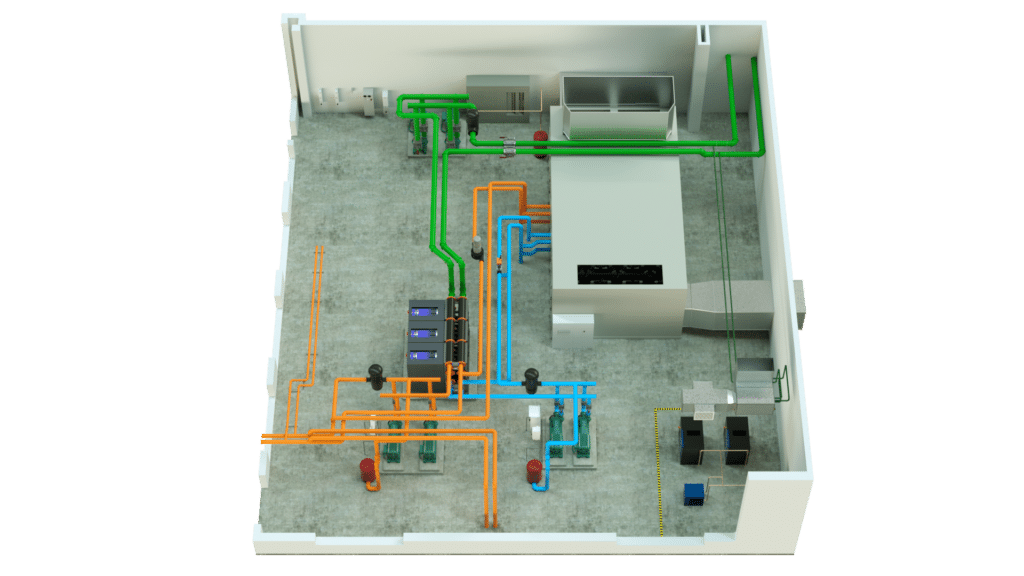 3D model of an industrial facility interior with various colored pipes (green, orange, blue) connected to equipment and machinery, illustrating a complex piping, HVAC, or utility system layout ideal for data center graphics.