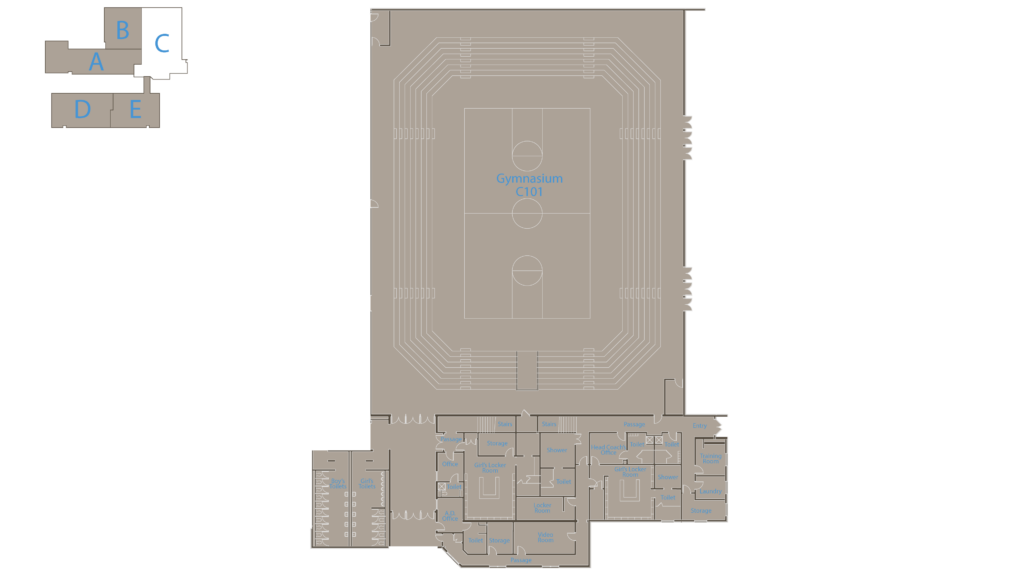 2D floor plan showing a large gymnasium labeled C101 with seating areas, surrounded by smaller rooms and spaces. To the left, 2D-rendered rooms labeled A, B, C, D, and E are shown in a separate section.