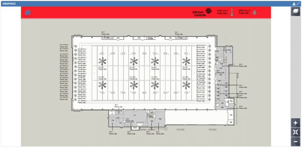 Floor plan of a large rectangular facility featuring distinct zones, labeled sections, and multiple entry points. The detailed layout includes bas graphics for system monitoring, several aisles, storage areas, and a red header bar showing alarm status.