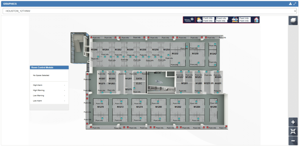 A digital floor plan of an office building with labeled rooms, numeric codes, emergency exits, and BAS graphics status indicator icons. A sidebar lists room control options, and a toolbar appears at the top.