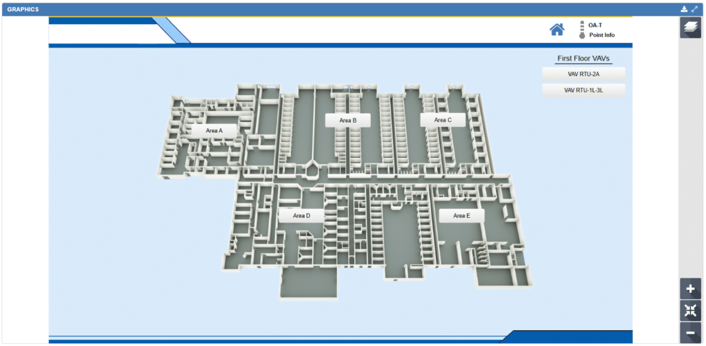 3D floor plan of a building's first floor using BAS graphics, showing labeled areas A, B, C, and D. Navigation and information buttons appear on the right in a blue and white interface. Two WiFi access points are listed.
