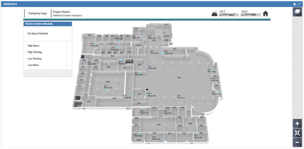 Floor plan of a building showing various rooms labeled with numbers and status indicators. A sidebar lists alarm levels, while the top bar displays the company logo, project name, sensor data, and BAS graphics for intuitive monitoring.