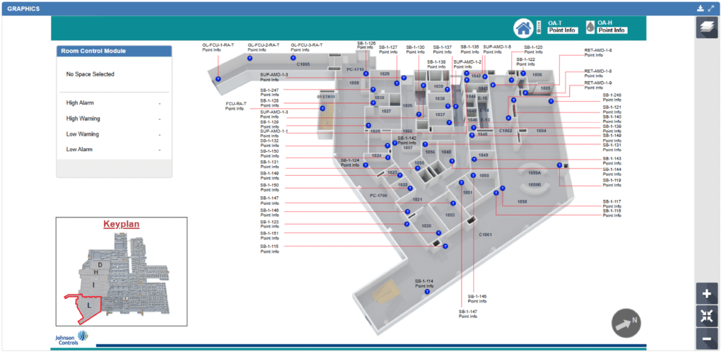 A digital facility floor plan with labeled rooms, blue status indicators, red sensor IDs, and BAS graphics elements. A highlighted map section, legend with alarm levels, and navigation buttons appear on the left and top of the screen.