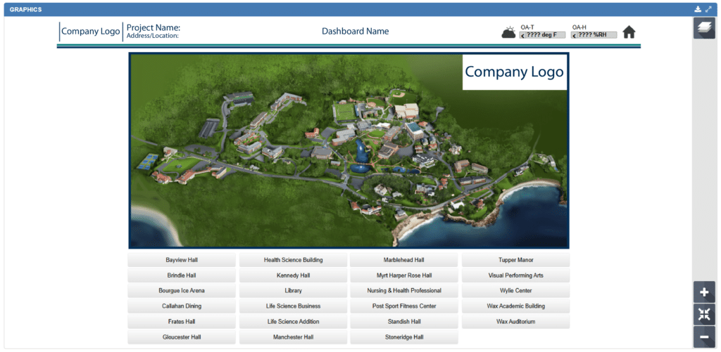 A digital dashboard displays an aerial 3D map of a campus with labeled buildings, a company logo, project name, and navigation buttons. BAS graphics enhance the icons and data in the upper right corner. A table below lists building names.