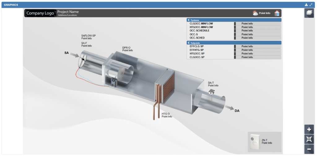 Diagram of an HVAC air handling unit featuring labeled components, airflow direction, and a list of system points with point info on the right, enhanced with BAS graphics. Company and project details are displayed at the top.