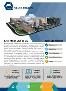 A promotional flyer for QA Graphics highlights 2D and 3D site maps, their standards (accuracy, legibility, high quality, PNG), the benefits of speed and customer support, and features an illustrated site map image at the top.