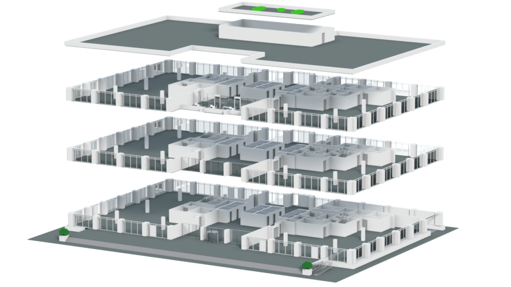 An exploded 3D Floor Plan model of a multi-story building, showing five separate layers including the roof, three floors with rooms and corridors, and the ground level with entrance and two potted plants.