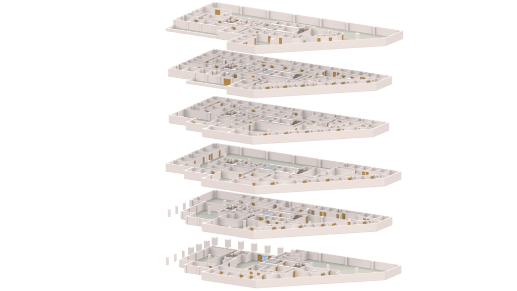 Exploded axonometric view of a multi-story building with five triangular-shaped 3D floor plans stacked vertically, showing detailed interior room layouts for each floor.