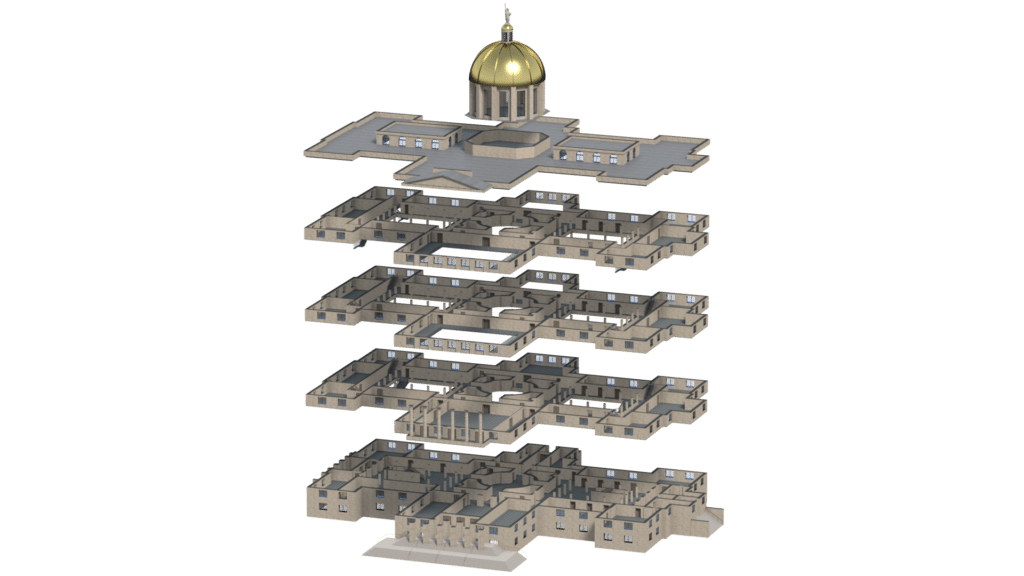 An exploded architectural diagram displays a 3D Floor Plan with multiple horizontal layers of a classical building, each floor separated. The top layer features a golden dome, and the symmetrical structure reveals detailed interior layouts.