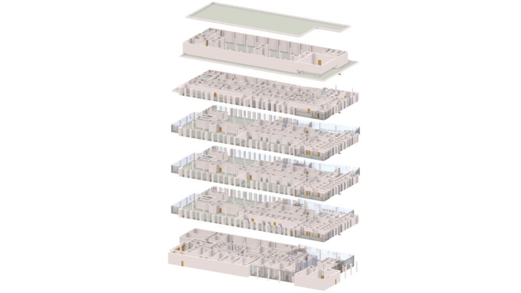 Isometric illustration of a multi-story building with six floors, each level separated and displayed in layers above each other—showcasing a detailed 3D Floor Plan with distinct layouts and room divisions within the structure.
