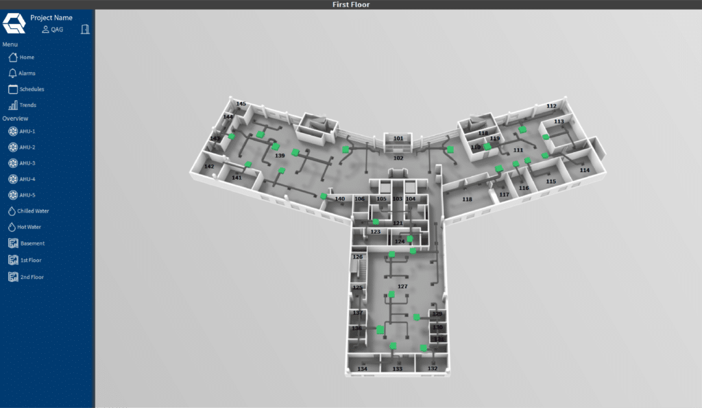 3D floor plan of a building's first floor, labeled with room numbers and green markers. A blue sidebar on the left shows menu options—including bas graphics—for alarms, schedules, and different floor levels.